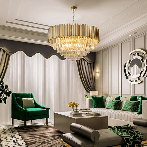 round crystal conical chandelier gold illuminated over luxury living room