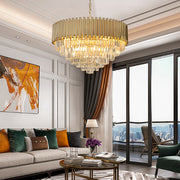 round crystal chandelier gold and conical shape over luxury living room