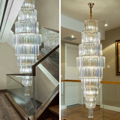 warm and cold light 9 tier chandelier hanging in staircases shown next to one another for lighting comparison