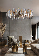 round crystal tinted and clear chandelier gold body in luxury living room