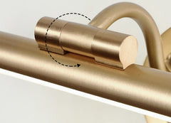 Gold wall sconce with LED bulb and artful detail on the canopy with closeup on the swivel arm feature of the fixture body