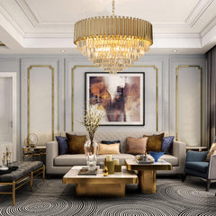 round crystal chandelier gold and conical shape over luxury living room