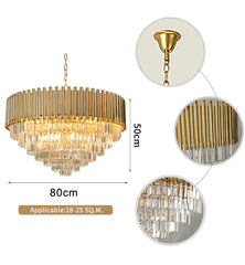 gold crystal conical chandelier with measurements 80 cm diameter by 50 cm height