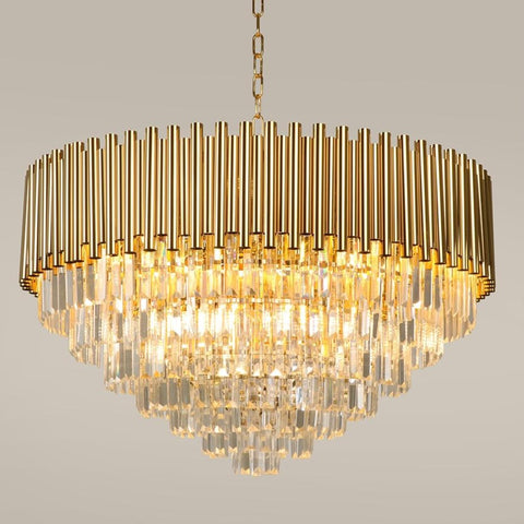 gold crystal conical chandelier warm light