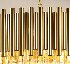 gold rods atop crystal conical chandelier