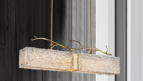 rectangular glass chandelier with ripple texture and copper branch on top