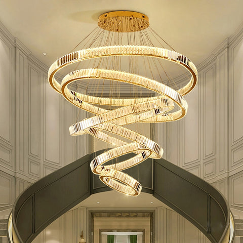 gold and crystal 2 story ring chandelier in entry hall