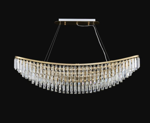 gold chandelier with long body and rectangular crystals hanging down in a boat shape long version