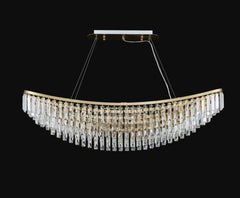 gold chandelier with long body and rectangular crystals hanging down in a boat shape long version
