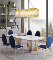 rectangular crystal chandelier with gold frame in modern style hanging over a kitchen table