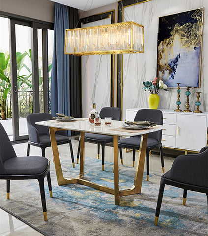 rectangular crystal chandelier with gold frame in modern style hanging in dining room